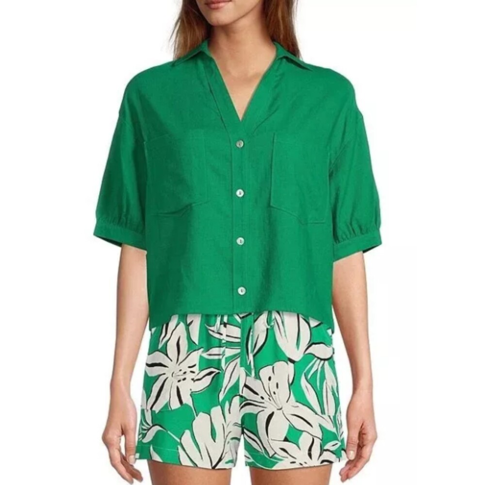 Every Linen blend Short Sleeve Button Front Point Collar Shirt Size S Green
